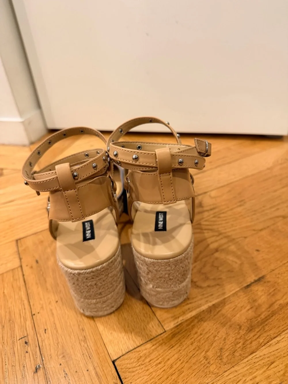 Espadrille Wedge Sandals Size 12 – Blue Suede & Tan Studded Ankle Strap, NIB